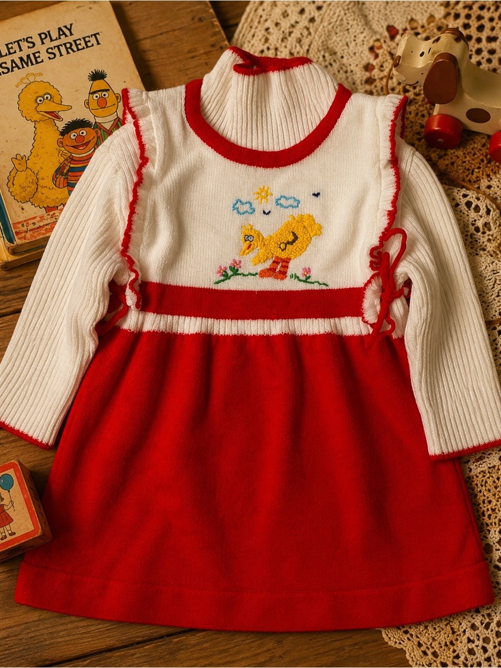 Vintage 70s 80s Sesame Street Big Bird Sweater Dress JCPenney Toddle Time 4T